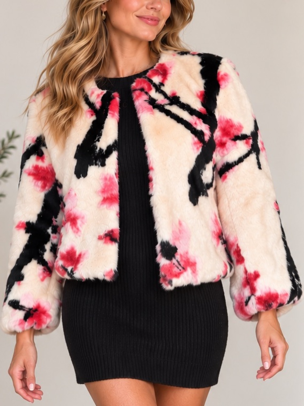 Levivel 1206 Faux Fur Floral Jacket Pink Black Cream Cropped S/M